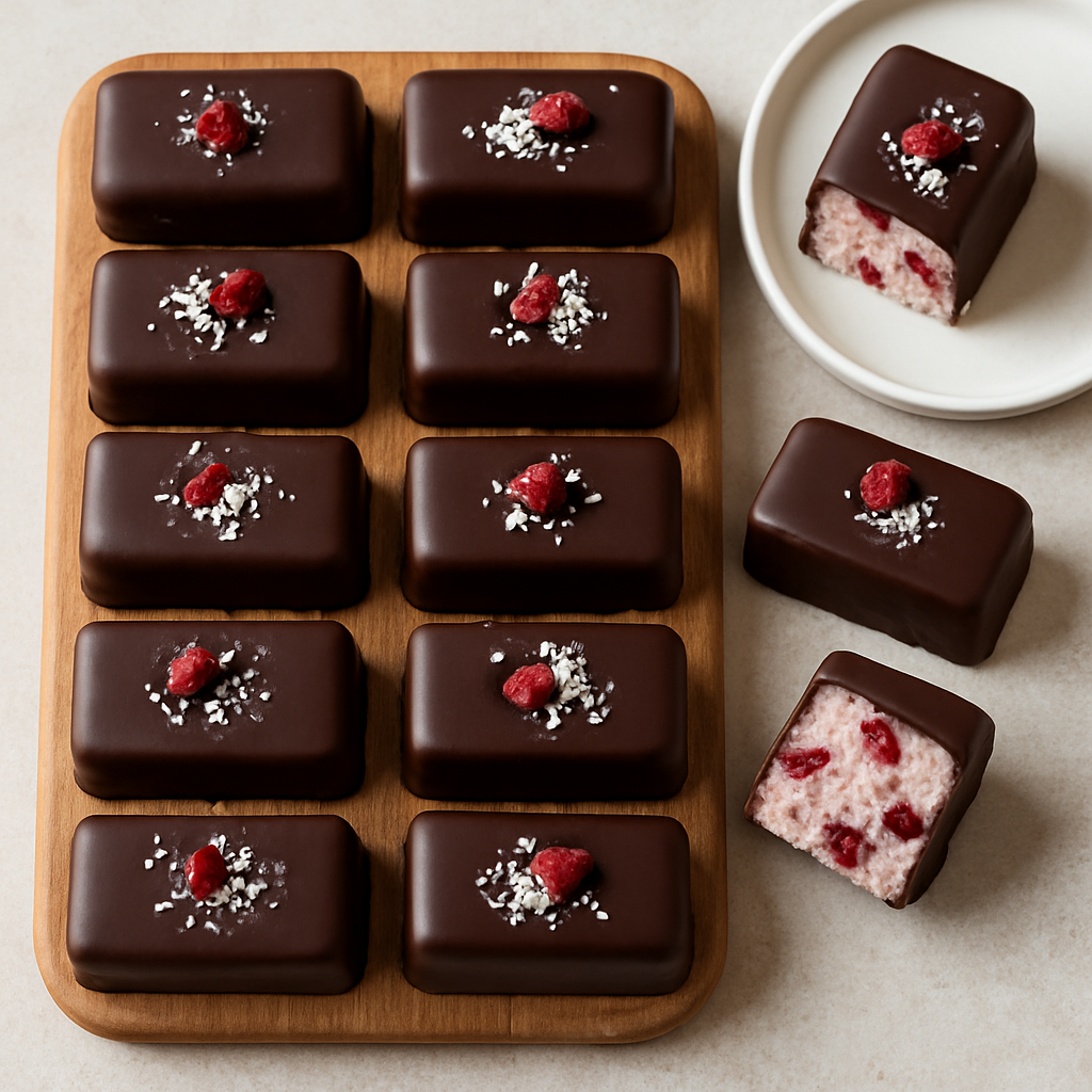 Sliced no-bake coconut and cherry bars coated in dark chocolate, arranged on a wooden board
