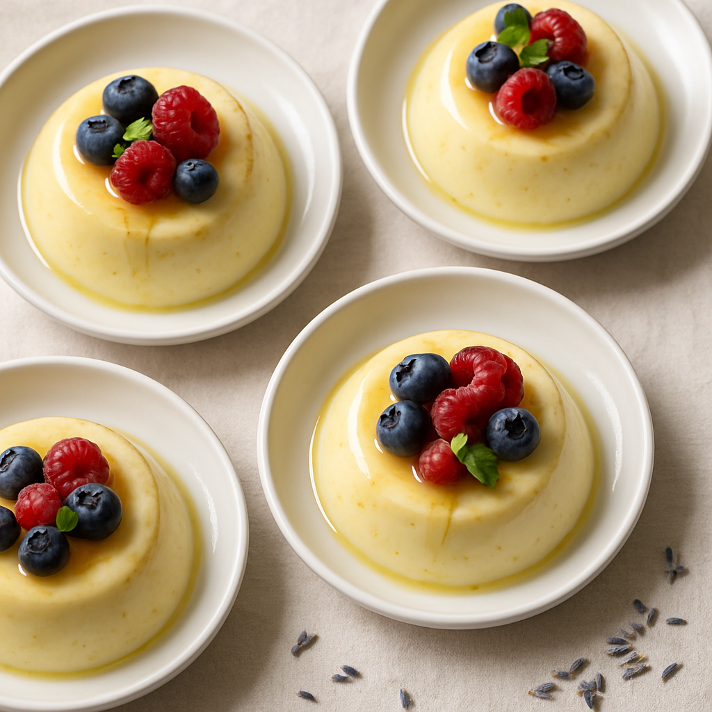Four lemon lavender panna cotta desserts topped with fresh blueberries and raspberries