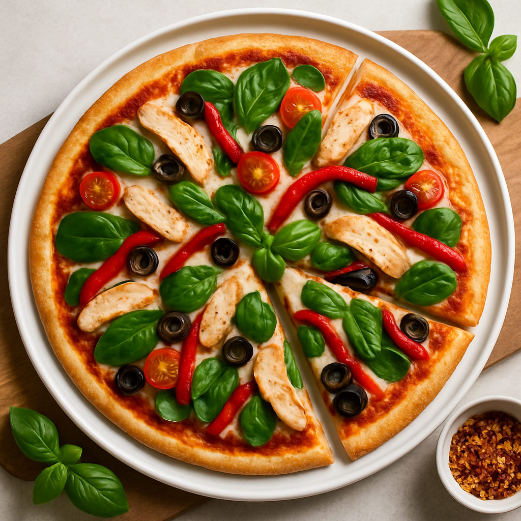 A sliced high-protein pizza with a thin crust topped with grilled chicken, spinach, roasted red peppers, olives, and cherry tomatoes